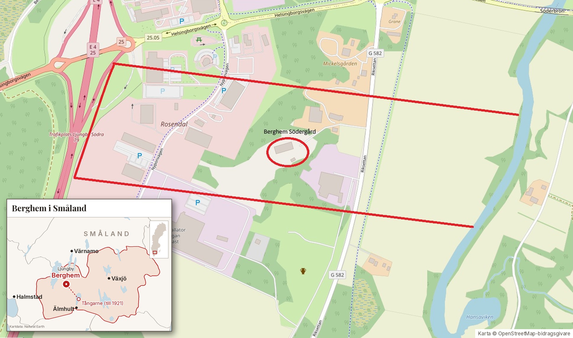Karta över Berghem Södergård med gårdens ungefärliga mark markerad